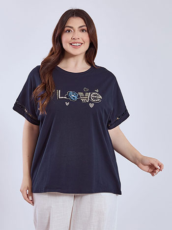 Μπλούζα love με πέτρες strass σε σκούρο μπλε