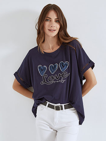Μπλούζα με denim καρδιές και strass σε σκούρο μπλε