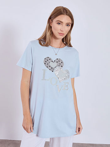 Top Love with strass and sequins in baby blue