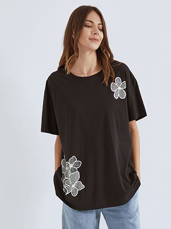 Top with strass flowers and pearls in black