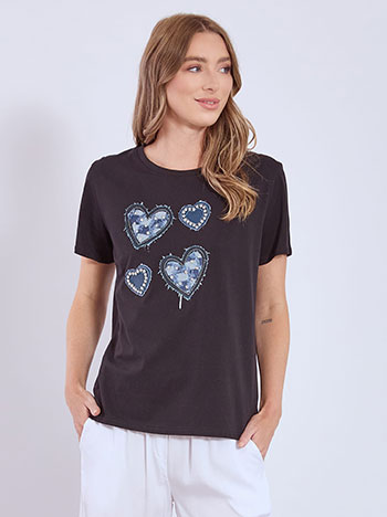 T-shirt με denim strass λεπτομέρειες σε μαύρο