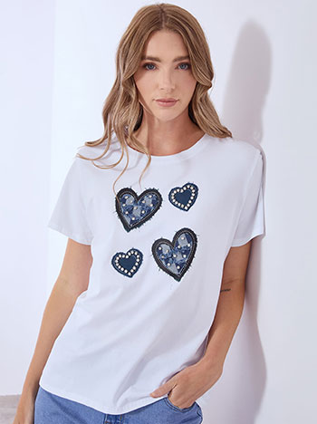 T-shirt with denim strass details in white
