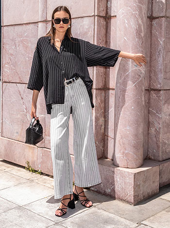 Τζιν ριγέ wide leg σε γκρι ανοιχτό