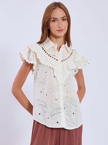 Shirt broderie with ruffles in off white