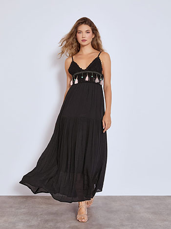 Dress maxi with tassels in black