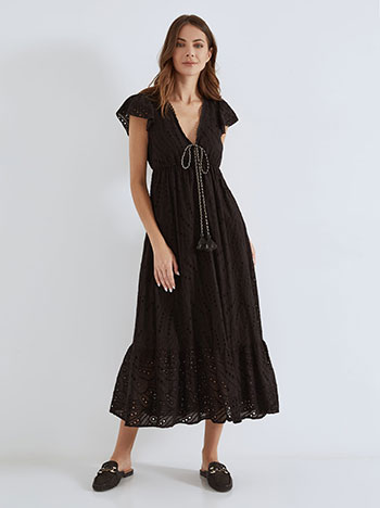Dress maxi broderie with tie in black