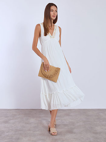 Dress maxi with neckline broderie detail in white