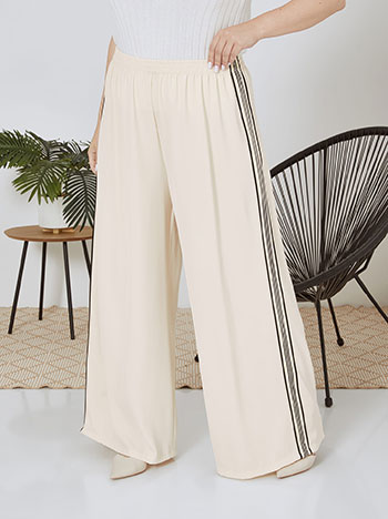 Wide leg trousers with strass stripes in light beige