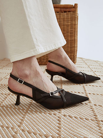 Slingback γόβες δερματίνης με δίχτυ σε μαύρο