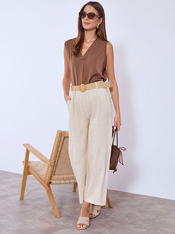 Wide leg trousers linen with belt in beige