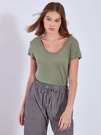 T-shirt λινό σε χακί