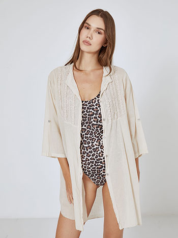 Kaftan shirt with embroidered details in light beige