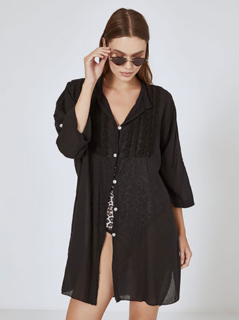 Kaftan shirt with embroidered details in black