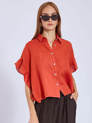 Shirt linen with side ruffles in terracota