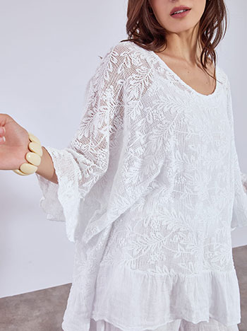Μπλούζα βαμβακερή oversized με βολάν σε λευκό