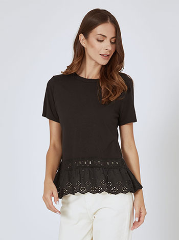 Top with broderie hemline in black