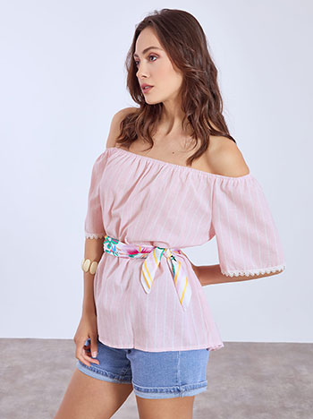 Top striped with elastic neckline in pink