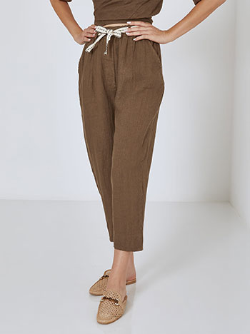Trousers linen with fabric belt in brown
