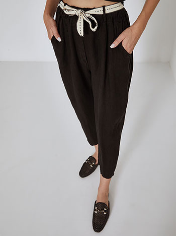 Trousers linen with fabric belt in black