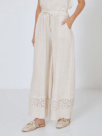 Wide leg trousers with raw hemline and linen in light beige