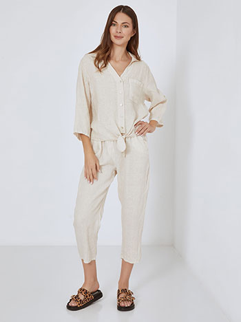 Shirt linen with tie in light beige