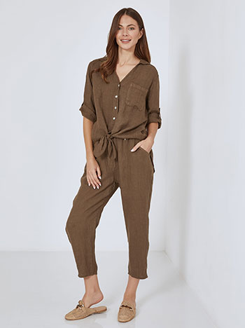 Shirt linen with tie in brown