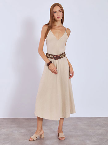 Dress maxi with textured fabric in beige