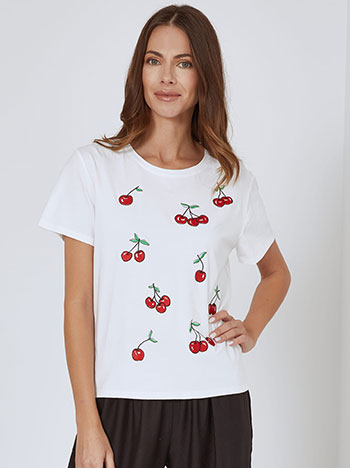 T-shirt κεράσια με strass σε λευκό