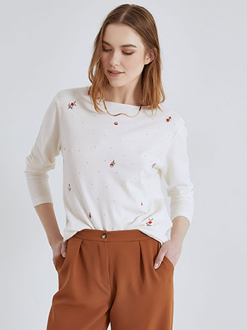 Sweater with flowers and strass in off white