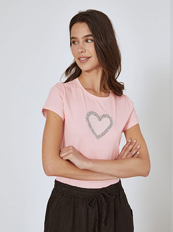 T-shirt με strass καρδιά και παγιέτες σε ροζ