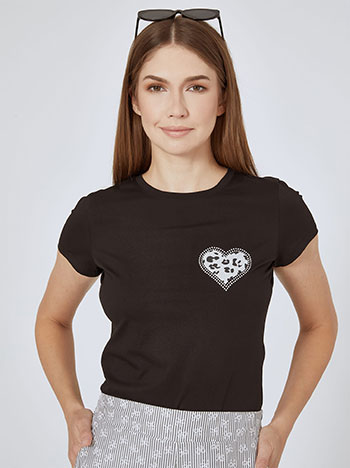 T-shirt με καρδιά glitter και strass σε μαύρο