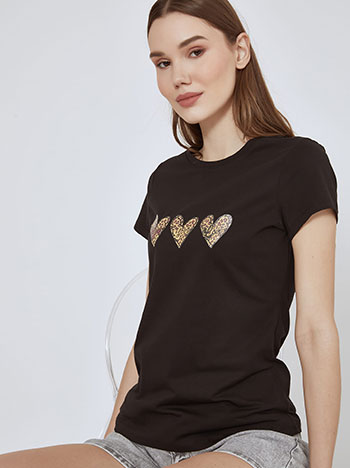 T-shirt με λεοπάρ καρδιές σε μαύρο