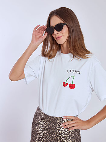 T-shirt Cherry Amour με strass σε λευκό