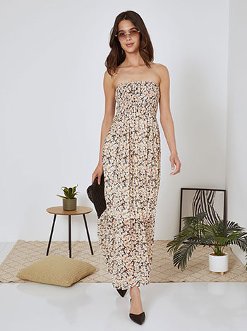 Φόρεμα μάξι strapless floral σε μπεζ
