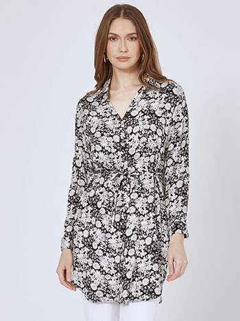 Shirt floral with tie in black