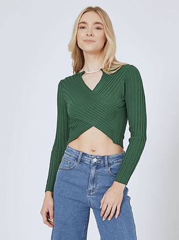 Crop top wrap front with pearls in dark green