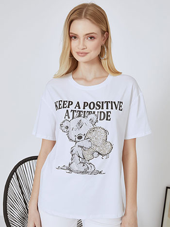 T-shirt με strass αρκουδάκι σε λευκό