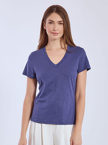 T-shirt βαμβακερό με V λαιμόκοψη σε μπλε ραφ