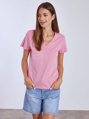 T-shirt βαμβακερό με V λαιμόκοψη σε σάπιο μήλο