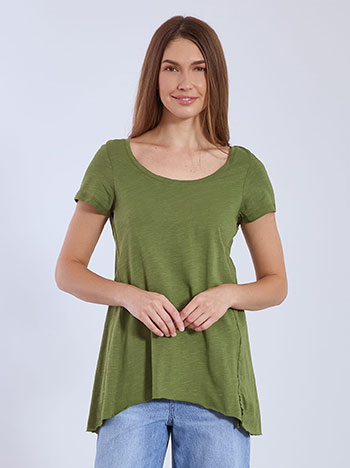 Top with raw hemline in olive green