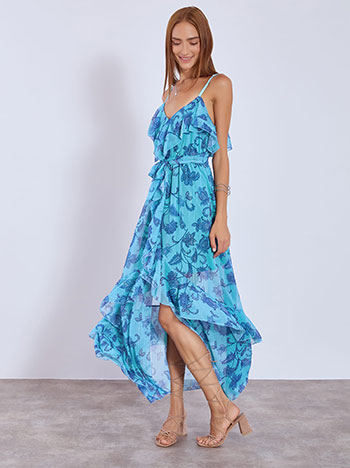 Dress maxi asymmetric with ruffles in blue