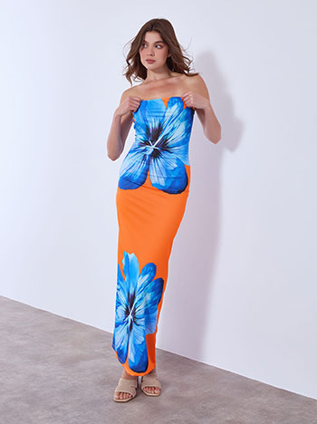 Dress strapless floral in orange