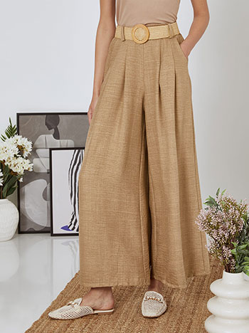 Wide leg trousers with pleats and belt in camel