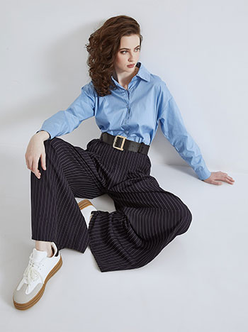 Trousers wide leg striped with belt in dark blue