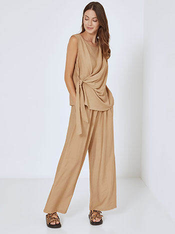 Sleeveless top with tie and wide leg trousers set in light brown