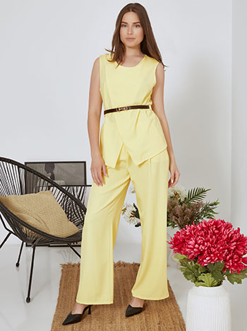 Top and wide leg trousers set with belt in yellow