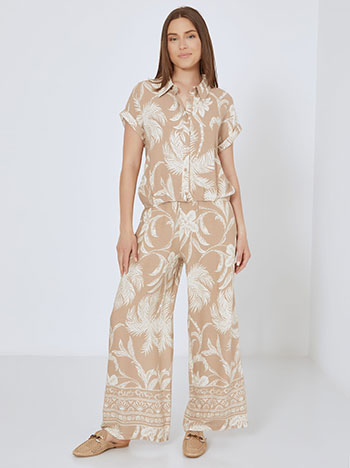 Shirt and wide leg trousers printed set in camel