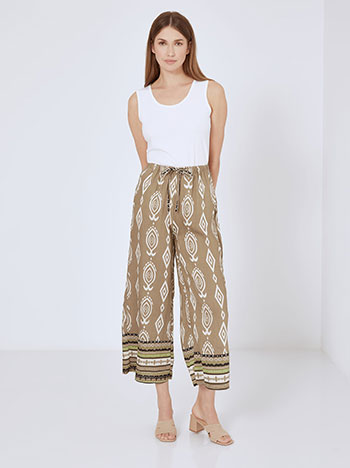 Wide leg trousers with ethnic details in light brown