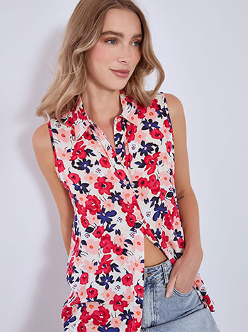 Shirt sleeveless with flowers in fuchsia