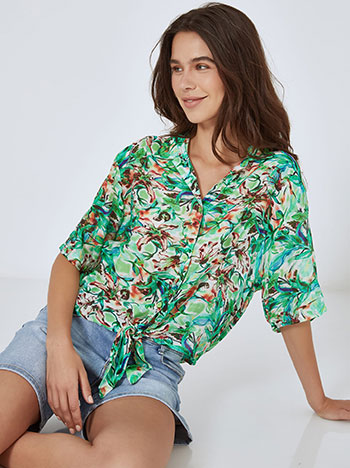 Shirt semi sheer with tie in green